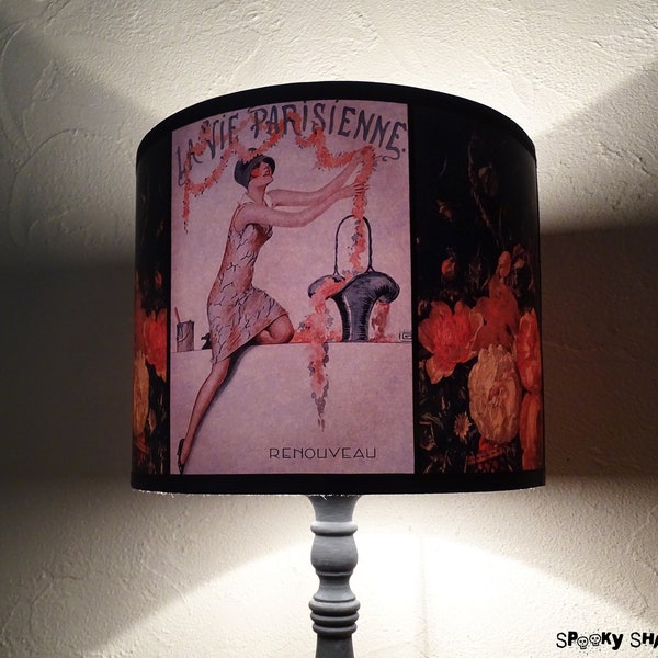 Abat jour cylindrique floral orange et noir La Vie Parisienne -  Art Déco, Art Nouveau, luminaire, affiche ancienne, Spooky Shades, lampe