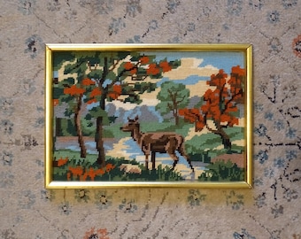 Vintage fawn needlepoint tapestry framed in gilt frame - deer wall art, woodland decor, forest animals, small gilded frame, fall decor