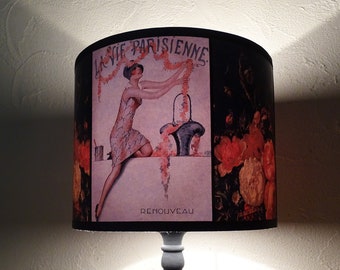 Abat jour cylindrique floral orange et noir La Vie Parisienne -  Art Déco, Art Nouveau, luminaire, affiche ancienne, Spooky Shades, lampe