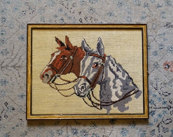 Canevas vintage représentant 2 chevaux - portrait de cheval, cadre à accrocher, chambre d'enfant, décoration kitsch,  tapisserie murale