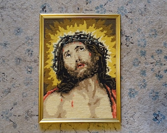 Jesus needlepoint framed in gilt frame - religious tapestry, small frame, made in France, gilded frame