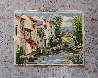Vintage finished needlepoint canvas of a French southern village - bridge, trees and river, castle, wall decor, made in France, tapestry