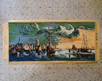 Large vintage finished needlepoint of a stormy sunset on a harbor - Albert Cuyp, boats, tapestry, sailing ship, embroidery, ocean shore