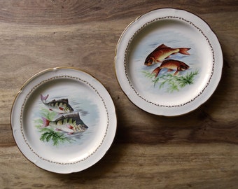 Set of two vintage fish plates - French Porcelain, fun plates, cartoon plate, Made in France, seafood platter, wall decor, beach house