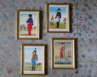 Set of four antique military doctors uniforms framed in gilt frames - folded diorama, French army, vintage wall decor, decoupage, Napoleon