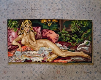 Large vintage finished nude needlepoint - naked woman, blond woman, 70's décor, unique rare tapestry, tropical decor, wall art, plants