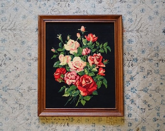 Large framed needlepoint of a rose bouquet on black background - red roses, pink roses, tapestry, floral embroidery, brown wooden frame