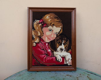 Vintage needlepoint tapestry featuring a little girl and a Beagle puppy in wooden frame - creepy cute, kitsch, quirky, Dog, fun wall decor
