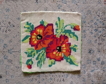 Canevas vintage 45 x 45 cm représentant deux coquelicots - broderie champêtre, pour housse de coussin ou cadre, fleur sauvage