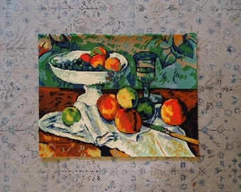 Canevas ancien représentant une nature morte du peintre Paul Cézanne : "Compotier, Verre et Pommes", peinture célèbre, orange et bleu