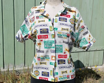 Vintage UNUSED white blouse - 80s 90s fashion, short sleeve shirt, vintage advertising fabric, British ads, fun shirt, UK brands, size M/L