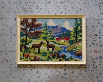 Vintage framed needlepoint tapestry featuring two does by a brook  - deer, woodland decor, forest animals, landscape, autumn, fall, kitsch