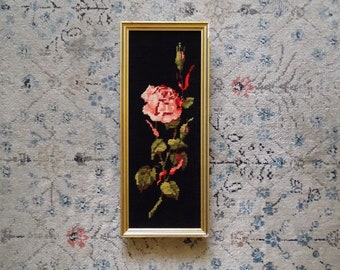 Needlepoint tapestry featuring a soft pink rose on black background framed in gilded frame - floral embroidery, Goth Decor, long frame