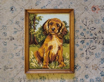 Vintage Cocker Spaniel puppy needlepoint tapestry in wooden frame - made in France, 80's decor, hunting dog, hound, dog portrait, wall decor