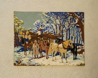 Large Vintage finished needlepoint tapestry of a snowy winter landscape  - Winter décor, woodland, labour horses carrying firewood