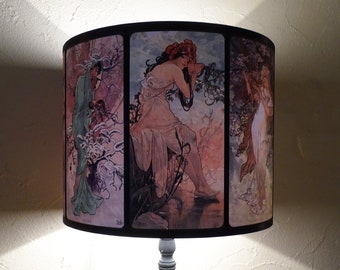 Art Nouveau lamp shade Lampshade - drum lampshade, Alphonse Mucha, four seasons, illustrations, French décor, pastel colors, posters, women