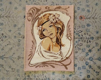 Vintage needlepoint canvas - portrait of a young girl in pastel colors, Art Nouveau wall art, powder pink and beige, made in France
