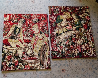 Pair of large vintage French grape harvest needlepoint Tapestries - Medieval wine making, winery decor, Renaissance wall art, wine harvest