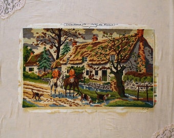 Hunting scene vintage needlepoint canvas - finished tapestry, hunt with horses and dogs, fall décor, woodland, Autumn wall décor, embroidery