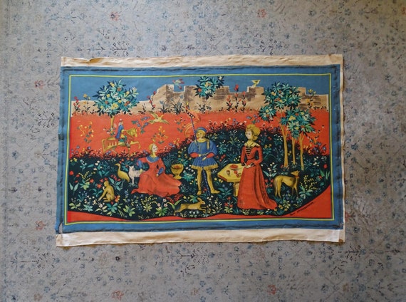 Very Large Vintage French Renaissance Tapestry Printed on Light Fabric Whimsical Art Middle Age Decor Etsy Canada