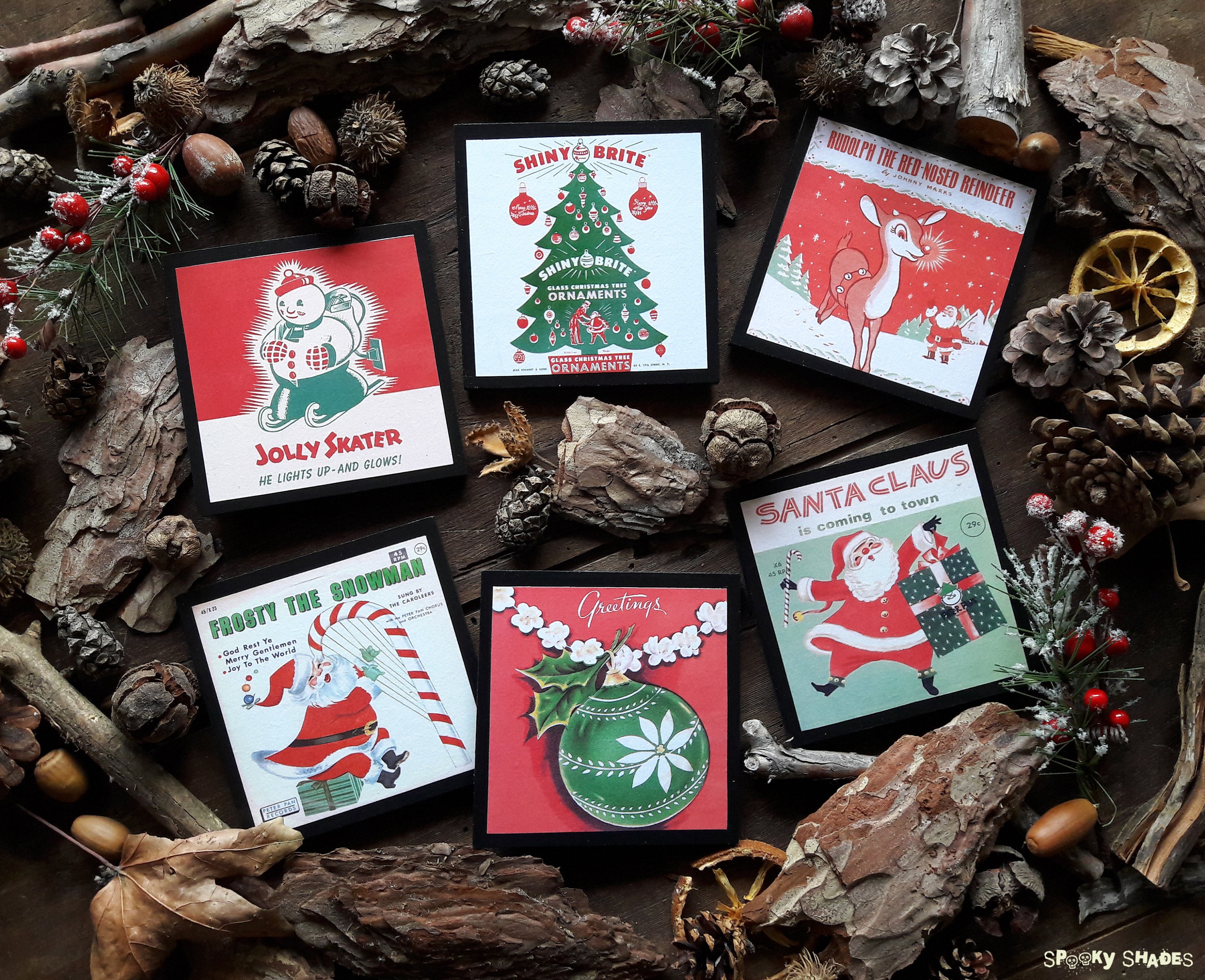 Lot de 6 Dessous Verre Vintage Christmas - Sous Noël, Années 50, Publicités Anciennes, Cadeau Père N