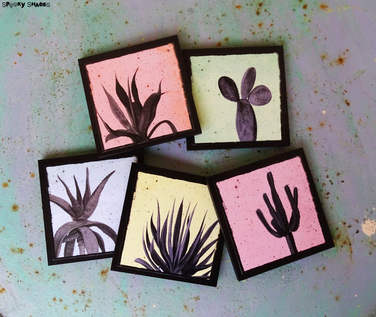Lot de 5 Dessous Verre Cactus et Agave - Sous Verre, Succulentes, Plantes Grasses, Déco Contemporain