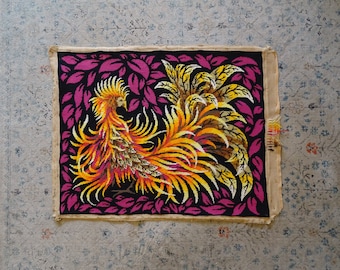 Large rare vintage Firebird needlepoint tapestry - multicolored embroidery, 70's art, Folk Art, surrealism, cubism, Lurçat, fire bird