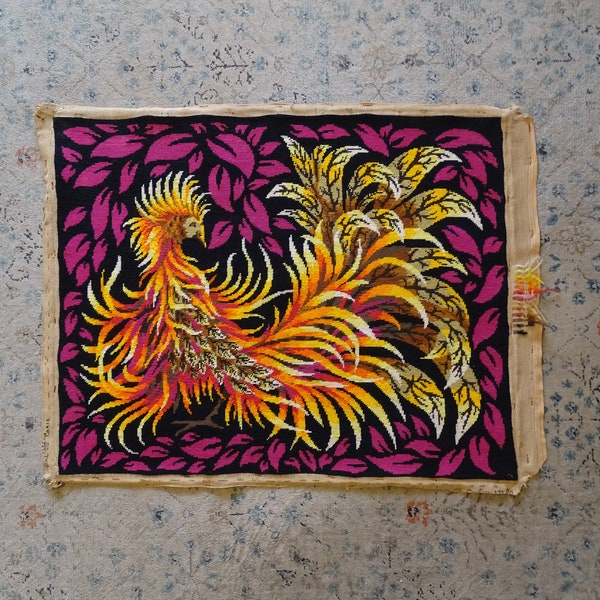 Grand canevas vintage rare représentant un oiseau de feu  - phoenix, Jean Lurçat, folk art, surréalisme, tapisserie murale années 70