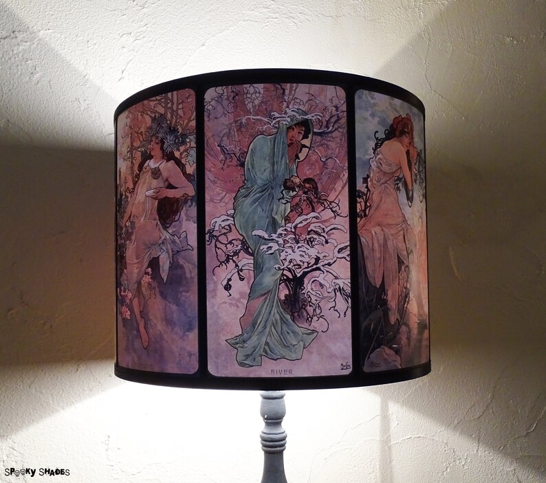 Art Nouveau lamp shade Lampshade drum lampshade, Alphonse Mucha, four seasons, illustrations, French décor, pastel colors, posters, women image 4