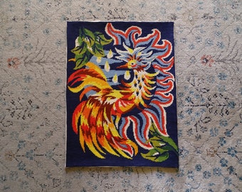Rare vintage Firebird needlepoint tapestry - multicolored embroidered rooster, 70's art, Folk Art, surrealism, cubism, wall art, France