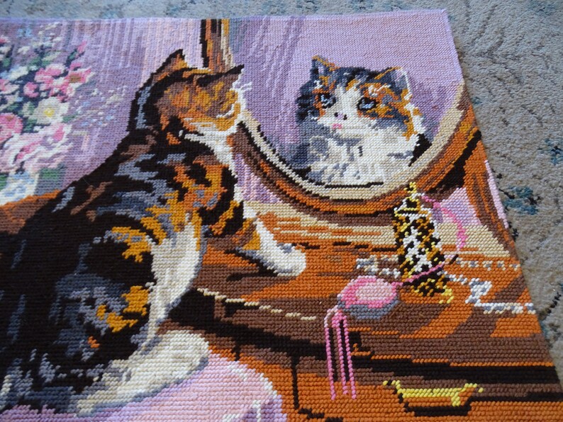 Vintage finished calico cat needlepoint kitten in a boudoir, pink and purple colors, pastel goth, flower bouquet, children's wall decor image 3
