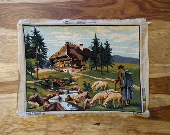 Shepherd with his flock of sheep vintage finished needlepoint canvas tapestry - mountain landscape, cabin décor, pine trees, made in France