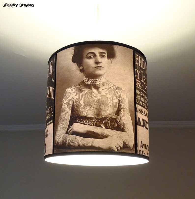 Vintage Tattoos hanging lamp shade lampshade victorian light, tattoo shop decor, drum lamp shade, pendant light, black and white, parlor image 1