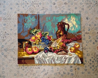 Canevas ancien représentant une nature morte - faisan et fruits sur une table, broderie murale, peinture, toile