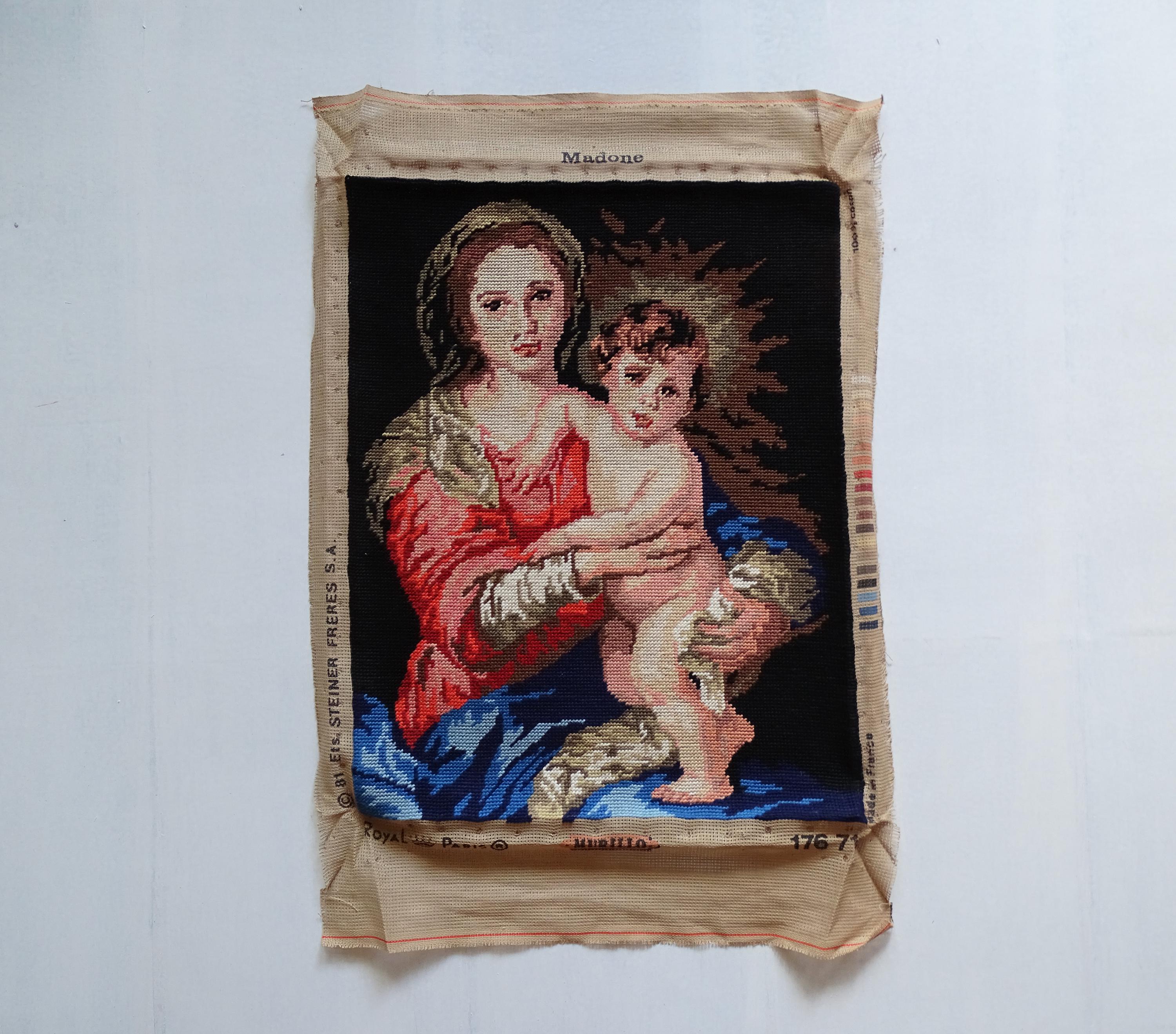 Vintage Madonna and Child Religious Needlepoint Tapestry