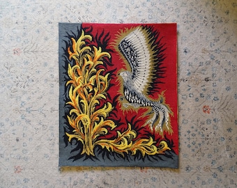 Grand canevas vintage rare représentant un oiseau de feu  - phoenix, Jean Lurçat, surréalisme, tapisserie murale années 70, rouge et gris