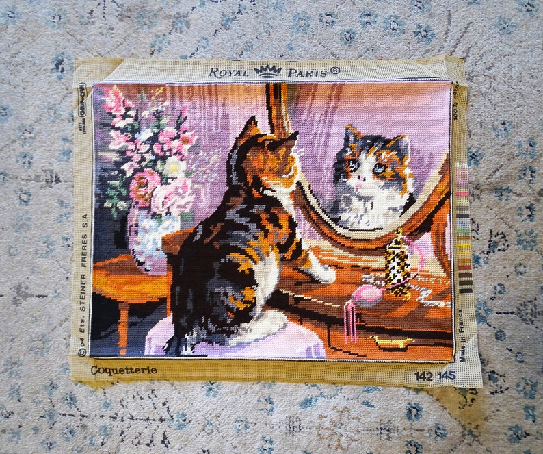Vintage finished calico cat needlepoint kitten in a boudoir, pink and purple colors, pastel goth, flower bouquet, children's wall decor image 8