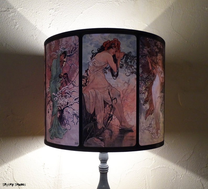 Art Nouveau lamp shade Lampshade drum lampshade, Alphonse Mucha, four seasons, illustrations, French décor, pastel colors, posters, women image 1