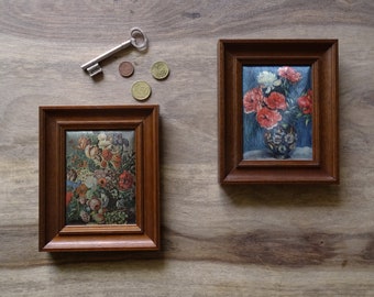 Lot de 2 petits cadres représentant des bouquets de fleurs imprimés sur tissu - cadres en bois, fleurs des champs, pivoines, couleurs pastel