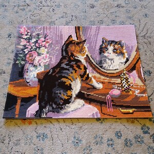 Vintage finished calico cat needlepoint kitten in a boudoir, pink and purple colors, pastel goth, flower bouquet, children's wall decor image 2