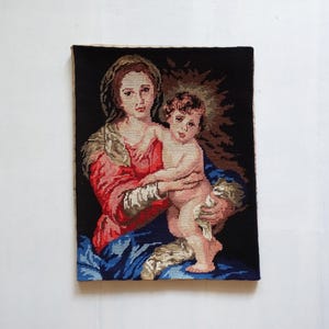 Vintage Madonna and Child Religious needlepoint tapestry - Virgin Mary and baby Jesus, rare tapestry, portrait, Catholic Art, Italy