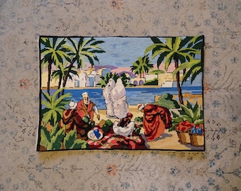 Vintage finished needlepoint canvas of a North African village market - tropical décor, oasis, palm trees, made in France, tapestry