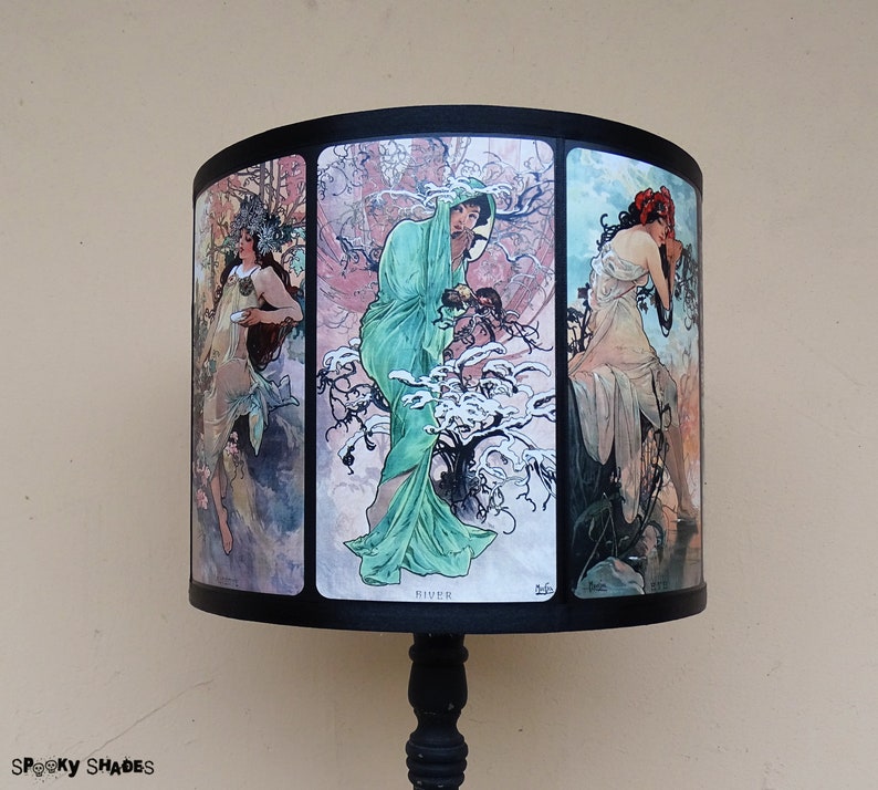 Art Nouveau lamp shade Lampshade drum lampshade, Alphonse Mucha, four seasons, illustrations, French décor, pastel colors, posters, women image 8