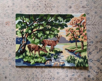 Deer and doe vintage finished needlepoint tapestry - woodland decor, forest animals, landscape, autumn decor, fall lanscape, kitsch, stag