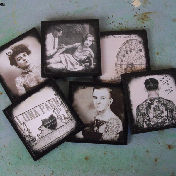 Lot de 6 dessous de verre Vintage Tattoos - tatouage, déco rockabilly, psychobilly,rock n' roll,cadeau original, tattooed lady,noir et blanc