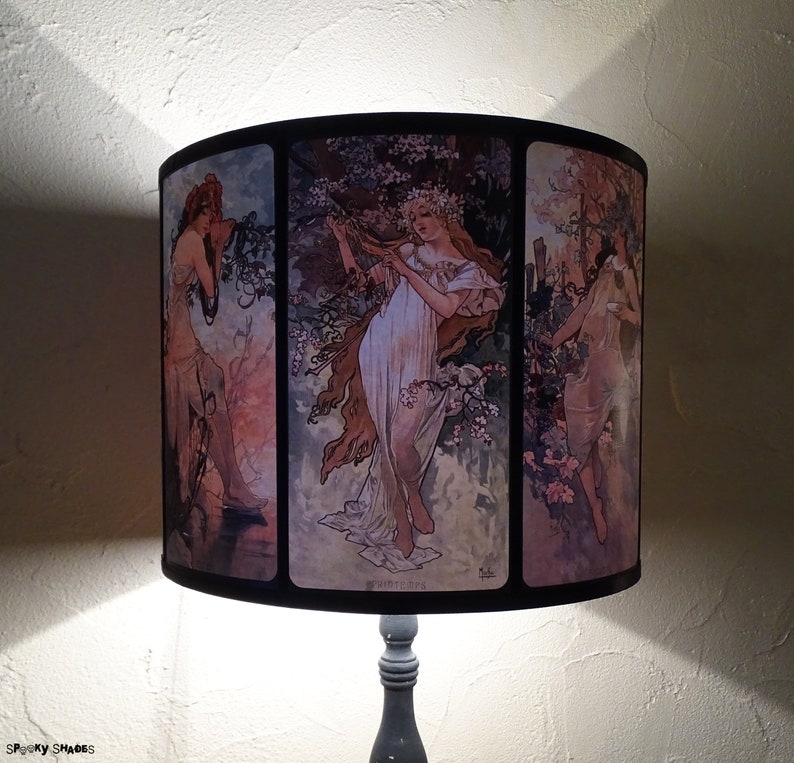 Art Nouveau lamp shade Lampshade drum lampshade, Alphonse Mucha, four seasons, illustrations, French décor, pastel colors, posters, women image 2