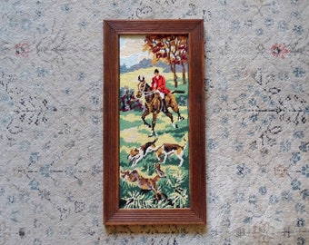Hunting scene vintage finished needlepoint tapestry framed in wooden frame - hunt with horses and dogs, long frame, mid century decor
