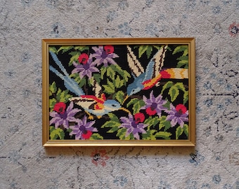 Vintage finished needlepoint canvas tapestry of a hummingbird couple framed in gilded frame - tropical wall décor, passion flower