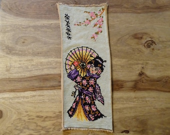finished needlepoint tapestry featuring a Geisha holding a large fan - Japan décor, Japanese woman, kawai, parasol, portrait,pink and purple
