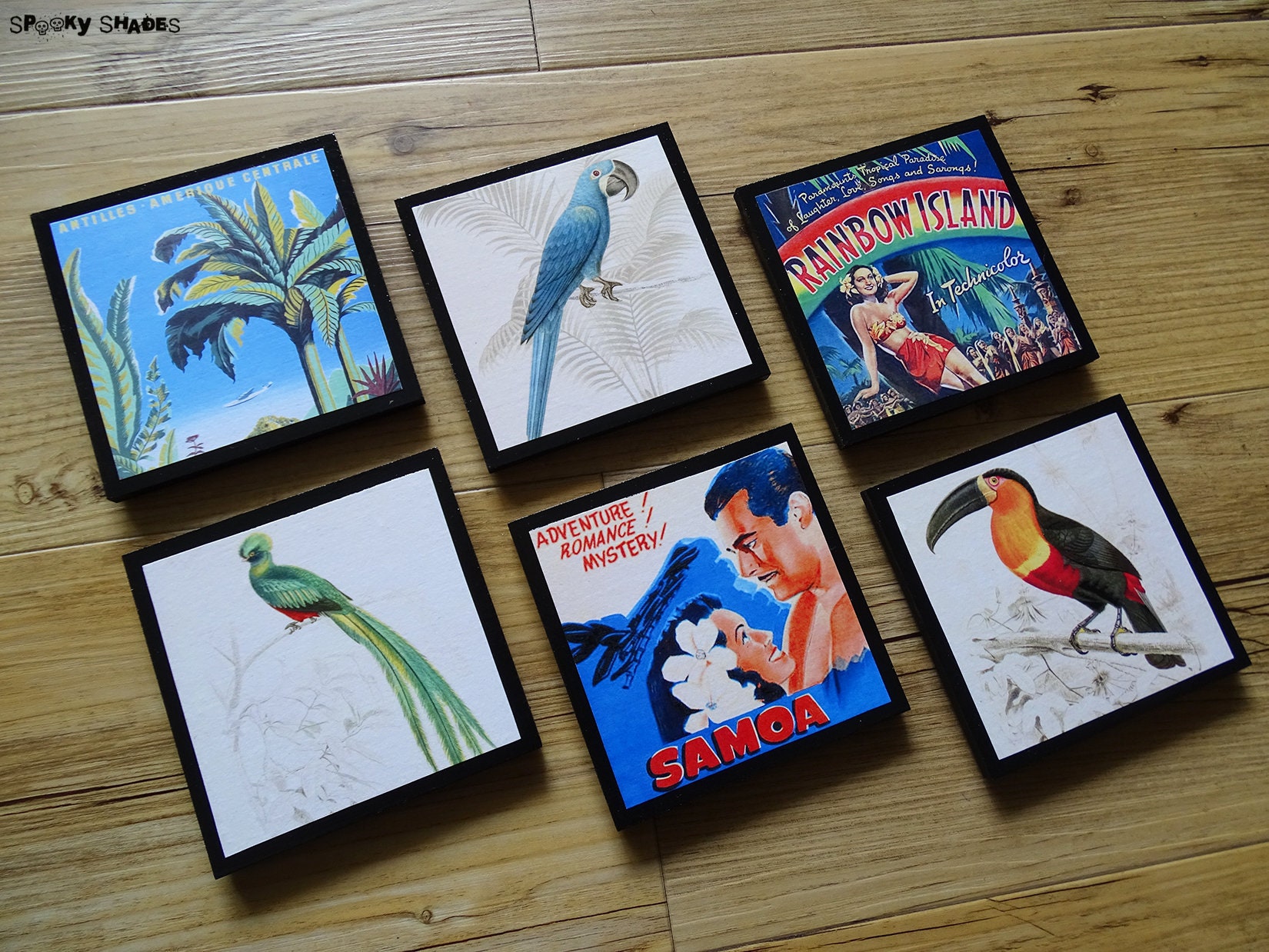 Lot de 6 Dessous Verre en Bois Rainbow Island - Déco Tropicale, Tiki, Perroquet, Toucan, Palmiers, P